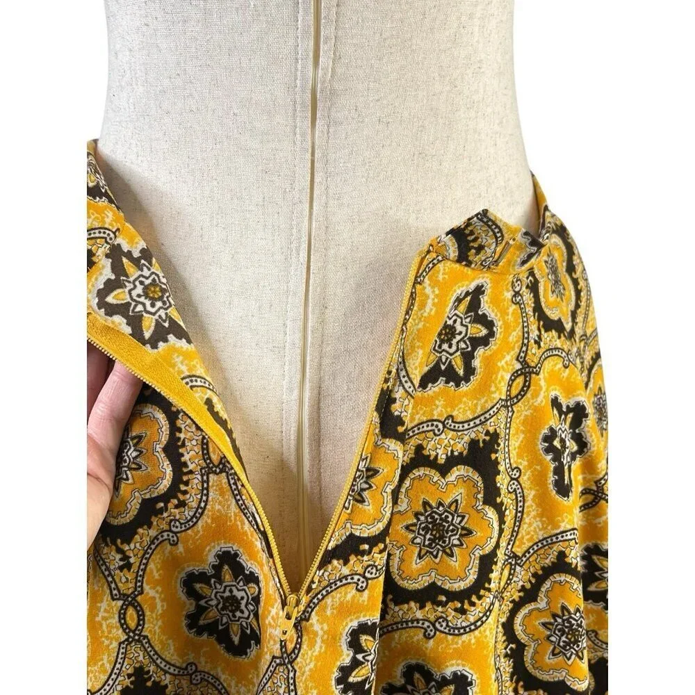 Vtg Midi Full Skirt Yellow Brown Tassels Waist 60s 70s Retro Talon Zipper